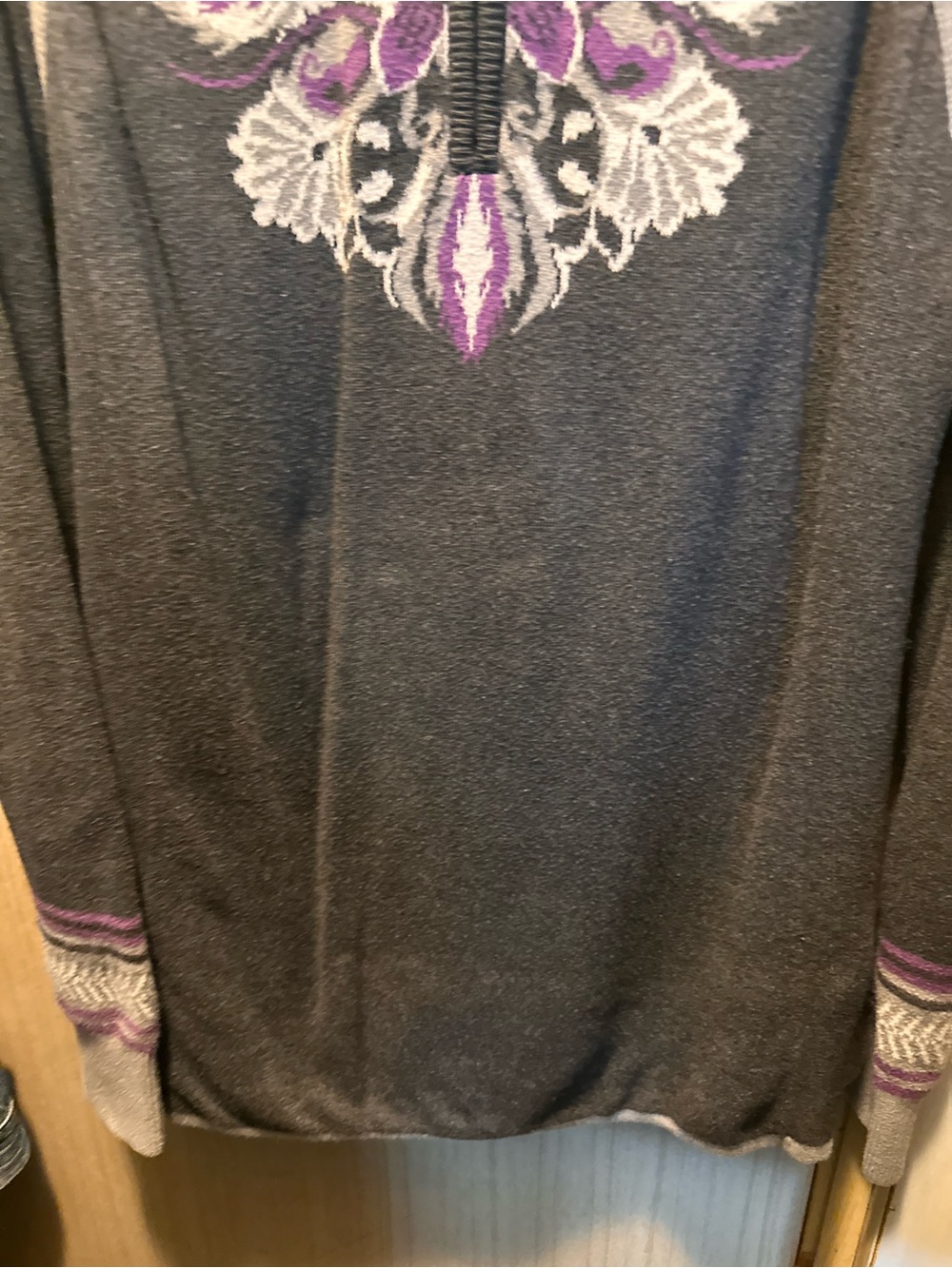 Athleta ,Women’s Charcoal Gray Zip-Neck Sweater with Purple Floral Motif - Picture 4 of 6